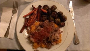 Whole30 pulled pork over mashed sweet potato with oven roasted carrots and brussels sprouts