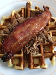 Pulled pork waffle with candied bacon