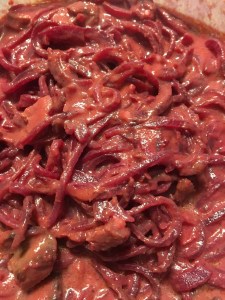 Whole 30 pumpkin alfredo with andouille and beet noodles