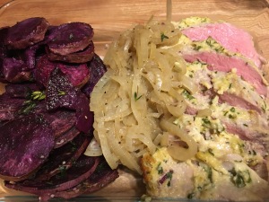 Whole30 dijon herb pork tenderloin with French onions and herb roasted purple sweet potatoes